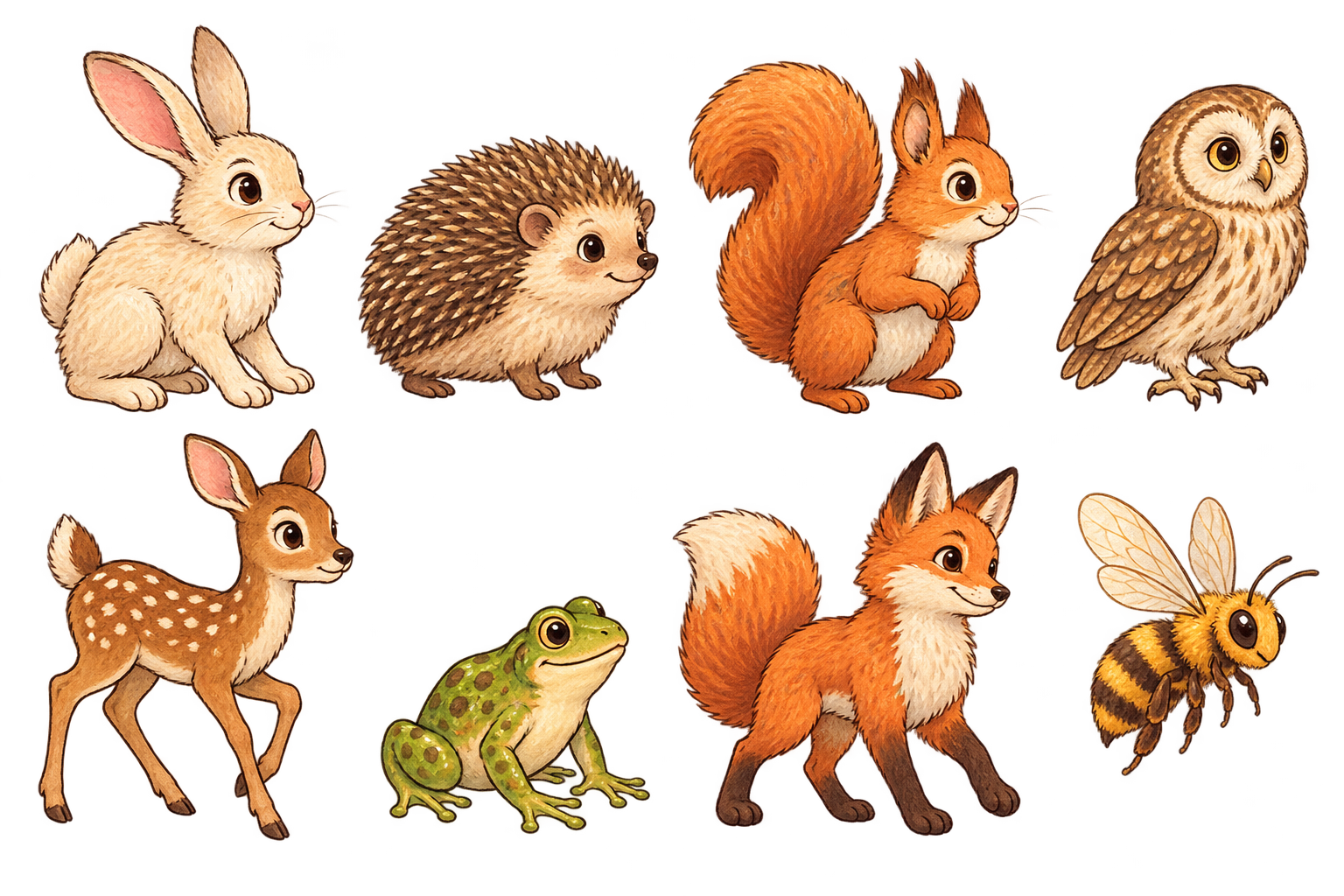 Rabbit, hedgehog, squirrel, owl, deer, frog, fox and bee illustrated models