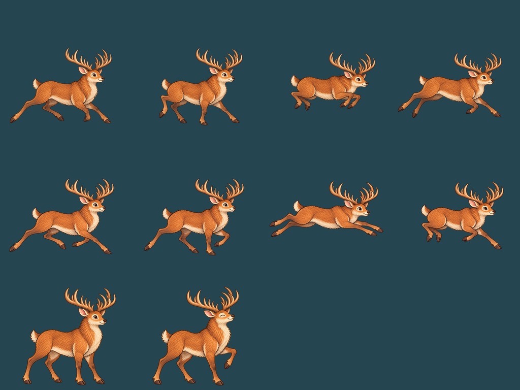 Eight running stag poses plus idle and relief