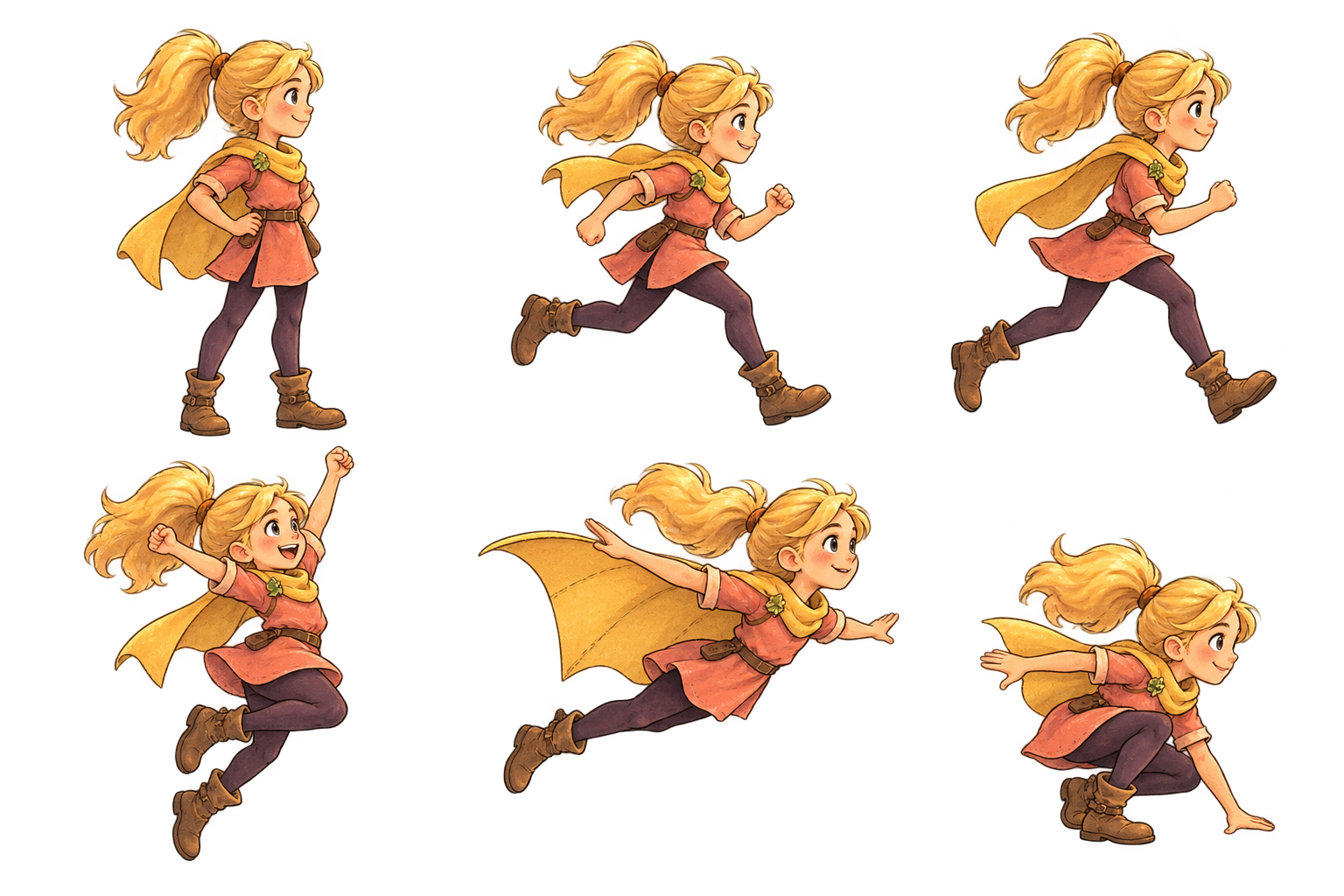 Braeve in six standing, running and airborne poses