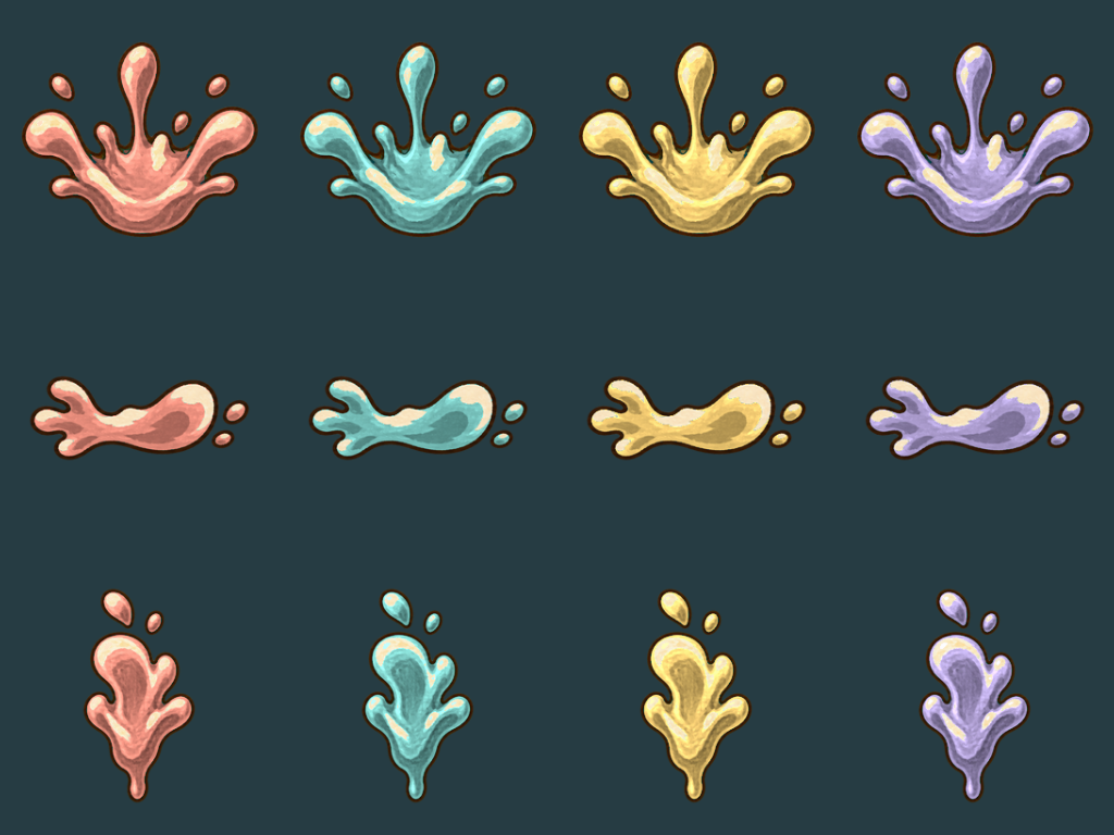 All three splash types in coral, lagoon, honey and iris, with protected cream highlights and ink