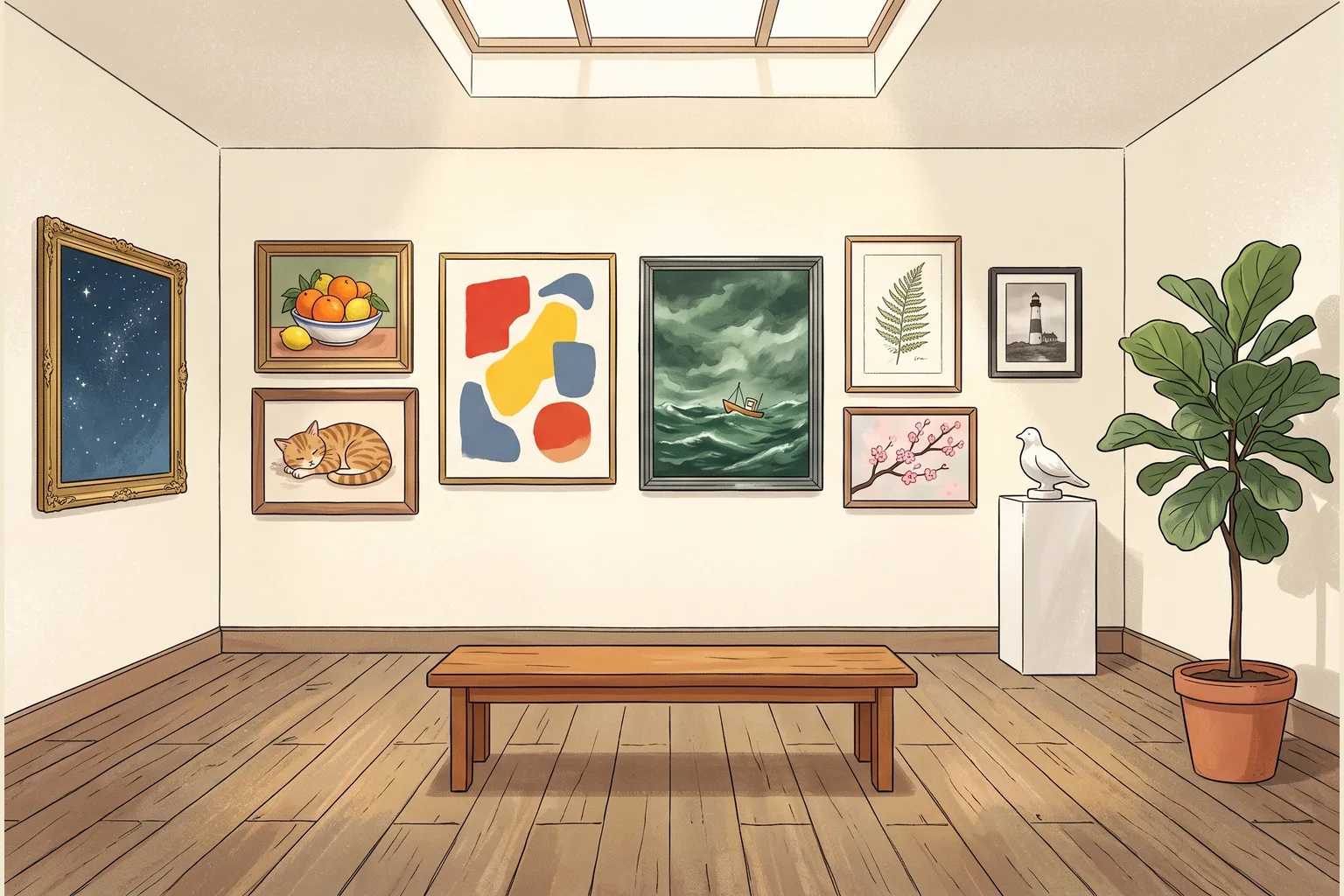 A sunny little gallery with paintings, a sleeping cat portrait, and a leafy plant.