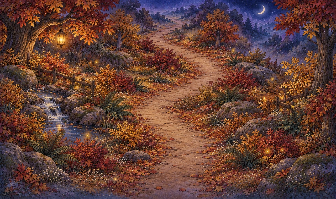 Red gold and copper autumn forest canopy, leaf drifts and warm lanterns beside a winding trail