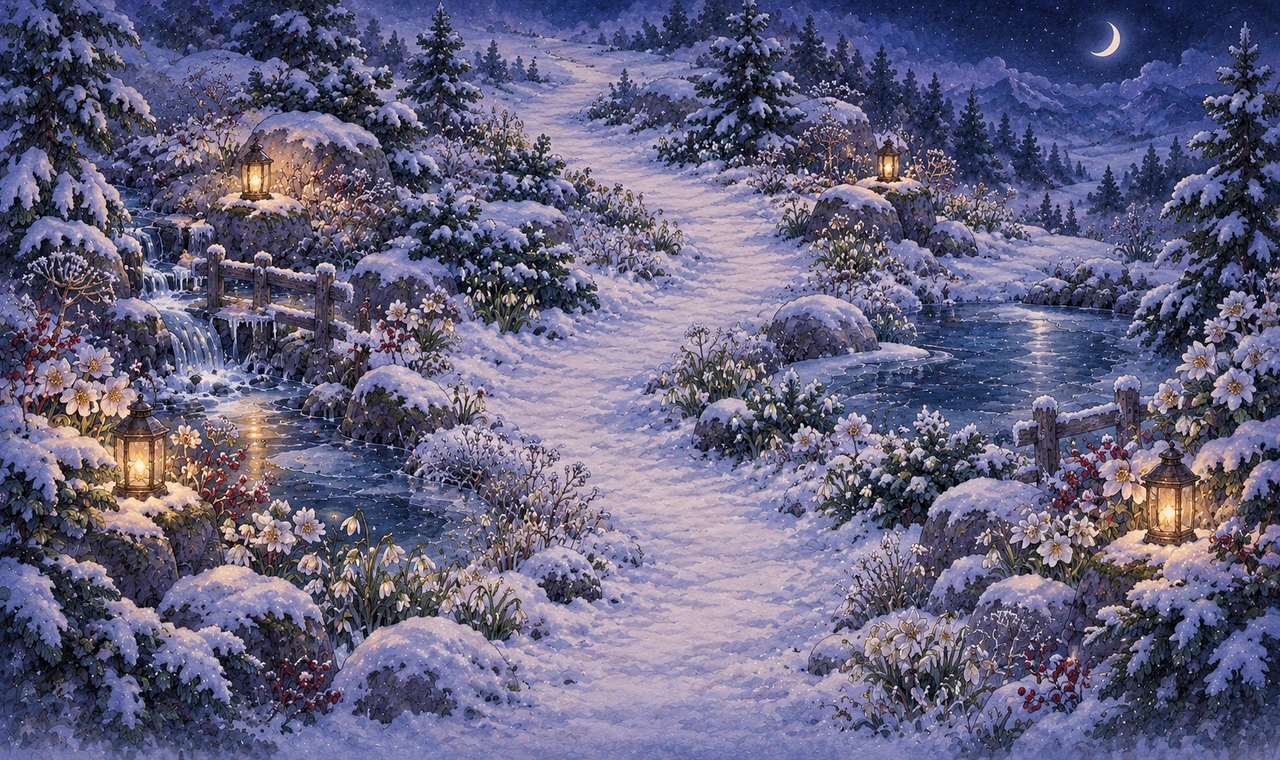 Snowy garden with winter flowers, ice pools and warm lanterns beside a snowy path