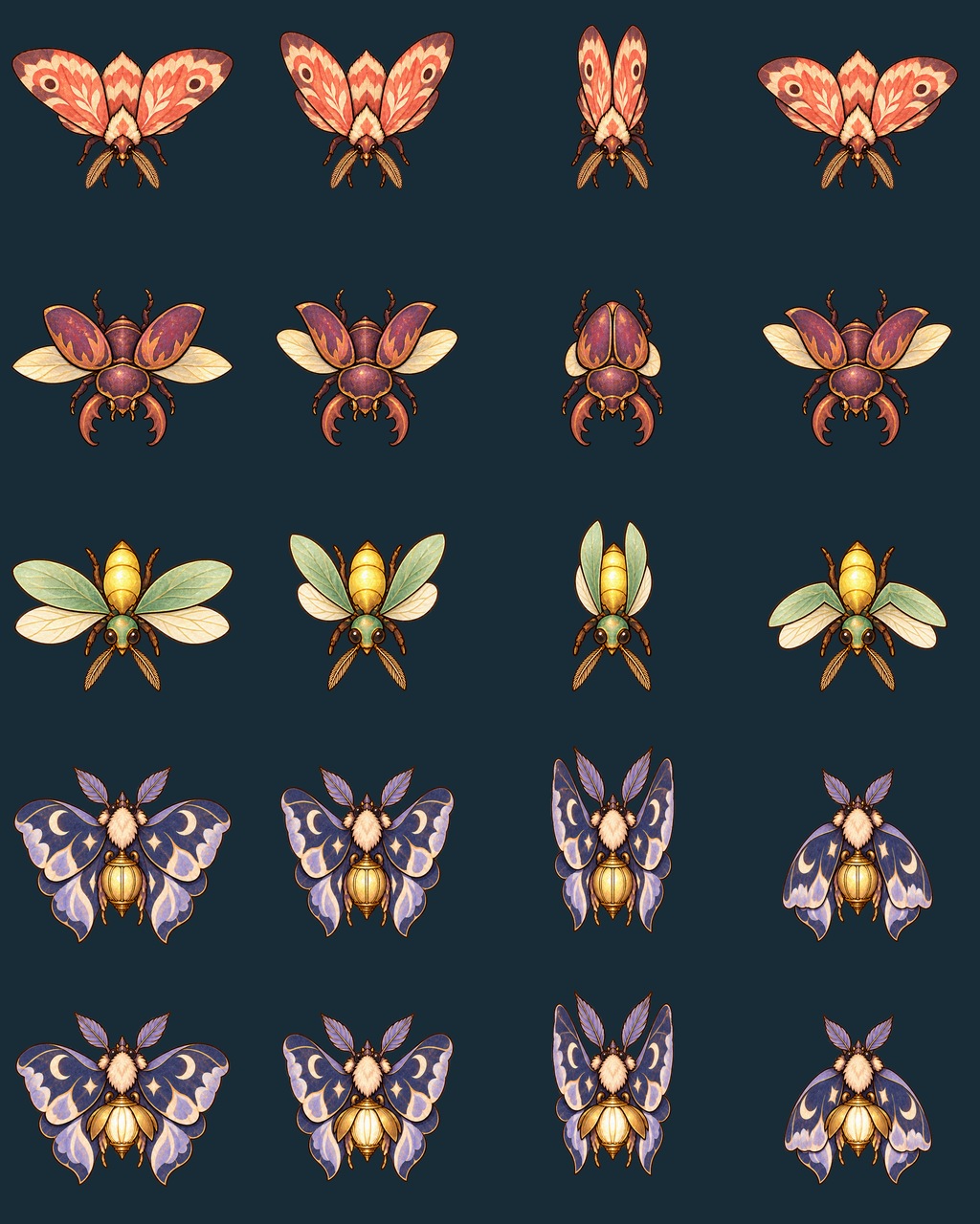 Four wing positions for each moth, beetle, firefly and lantern-moth state